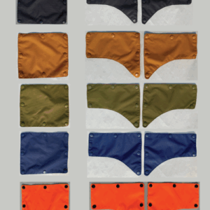 Colorful fabric swatches arranged in rows.
