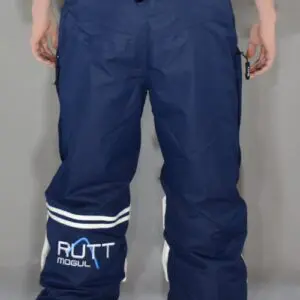 Blue ski pants with white logo design.