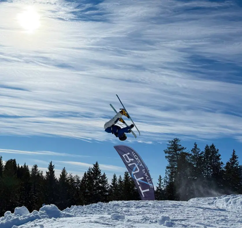 Skier performing aerial trick in snowy landscape.